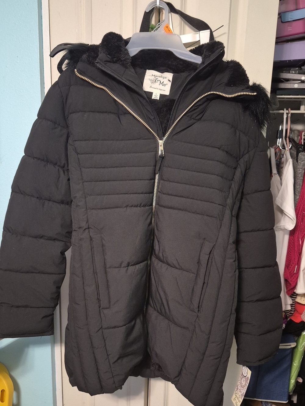 Maralyn & Me Black Quilted Puffer Coat with Faux Fur Hood